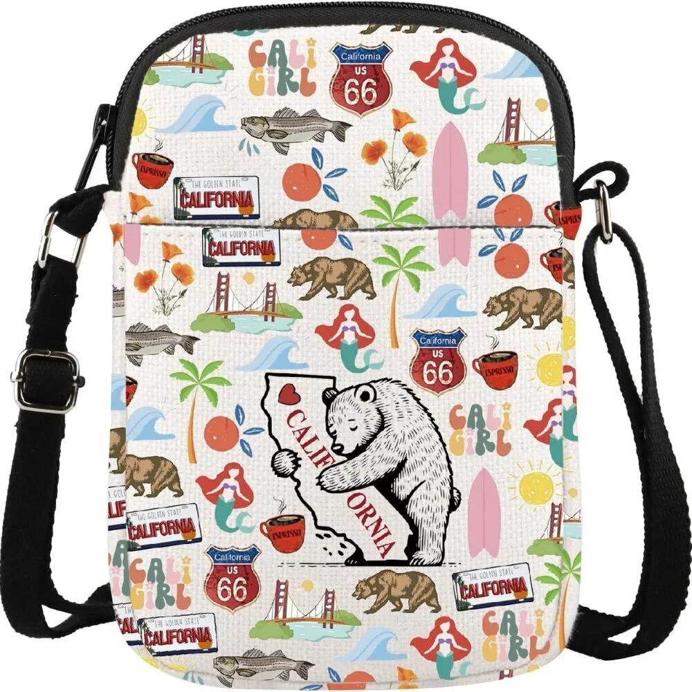 California State Symbols Crossbody Bag Canvas Compact Gift for California Lover